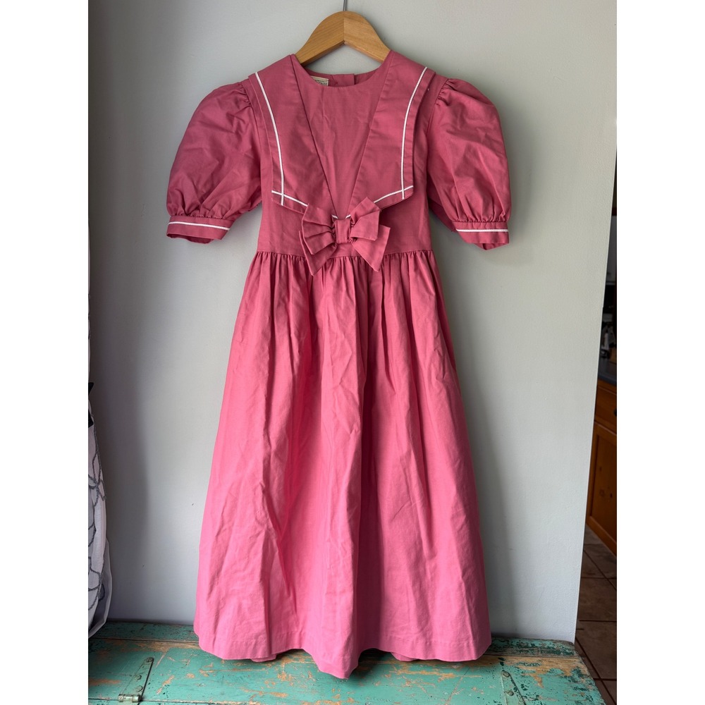 Laura Ashley Sailor Dress Size 8 Pink Vintage Cotton Puff Sleeve Bow 70's 80's